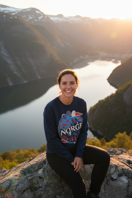Frau mit Norge Pullover - Fjord