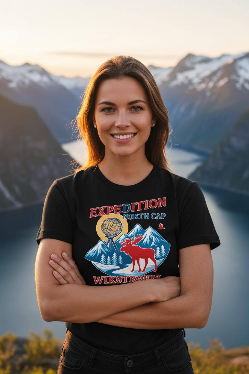 Frau mit schwarzem T-Shirt - Fjordlandschaft