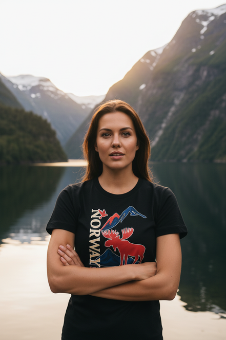 Frau mit schwarzem T-Shirt - Fjordlandschaft