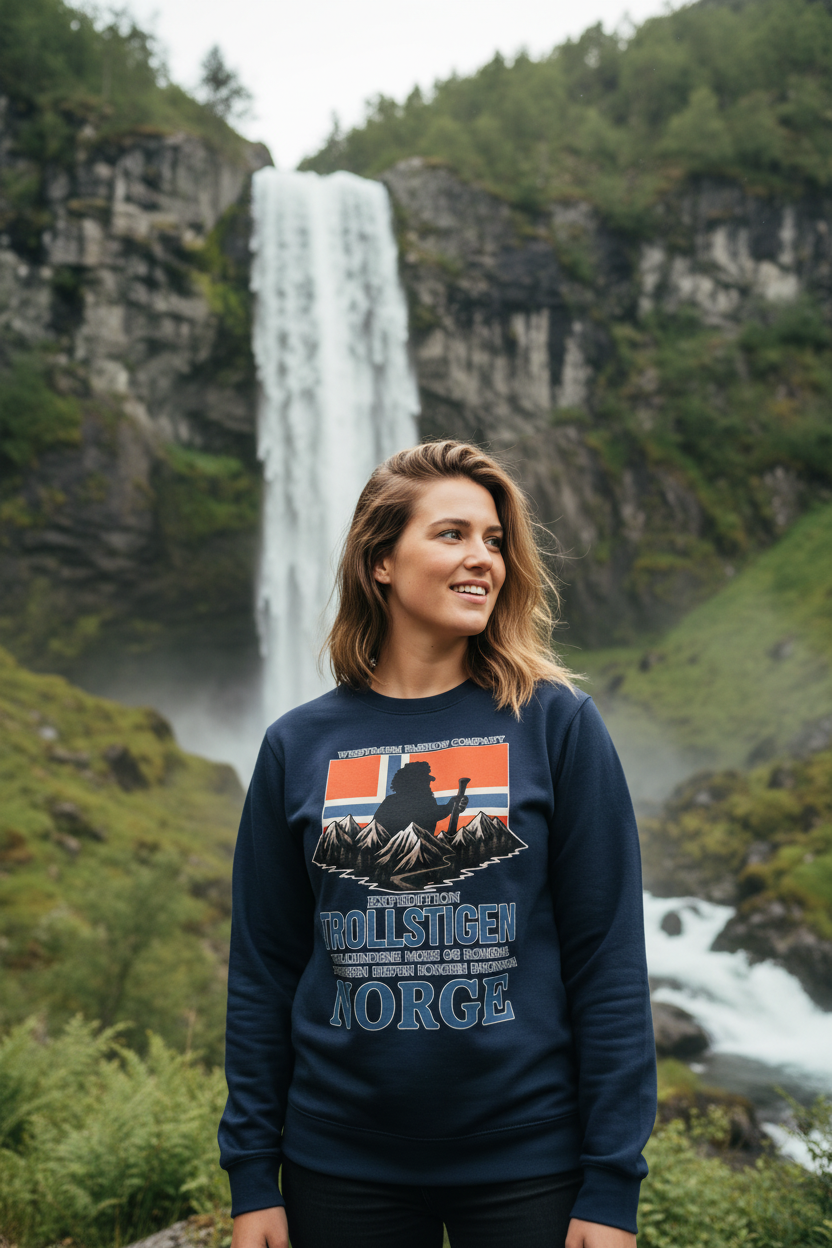 Frau mit Trollstigen Pullover - Wasserfall