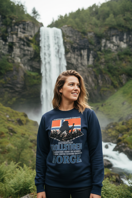 Frau mit Trollstigen Pullover - Wasserfall