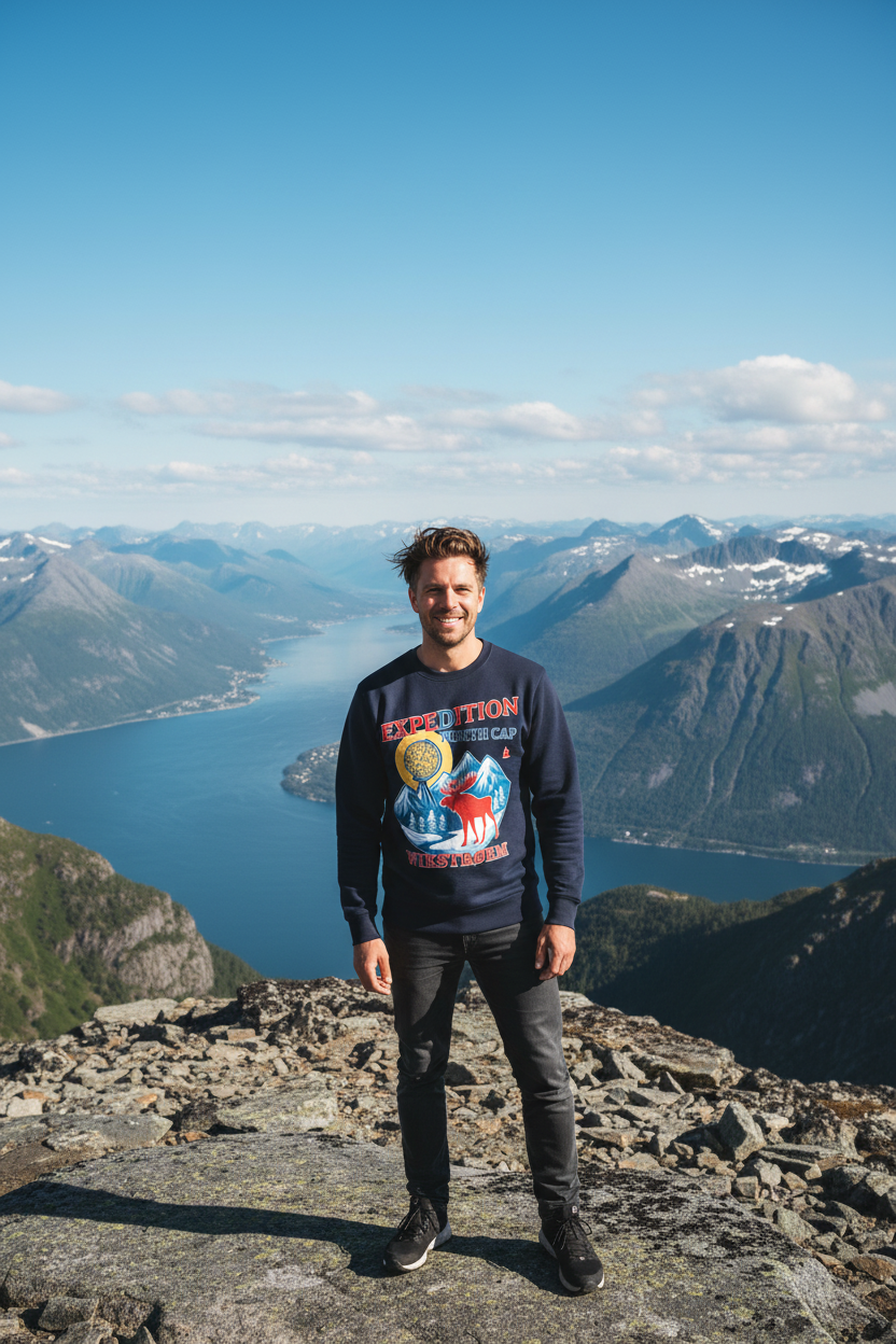 Mann mit Expedition Pullover - Berggipfel