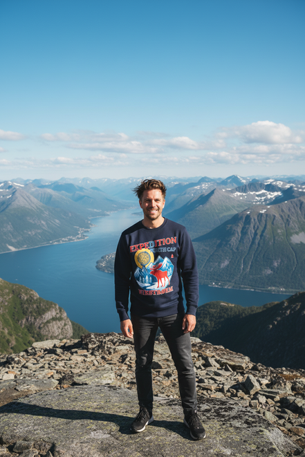 Mann mit Expedition Pullover - Berggipfel
