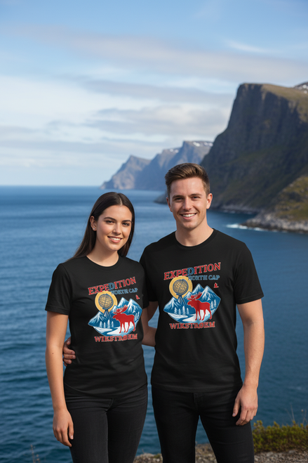 Paar in North Cap-Shirts - Küstenlandschaft